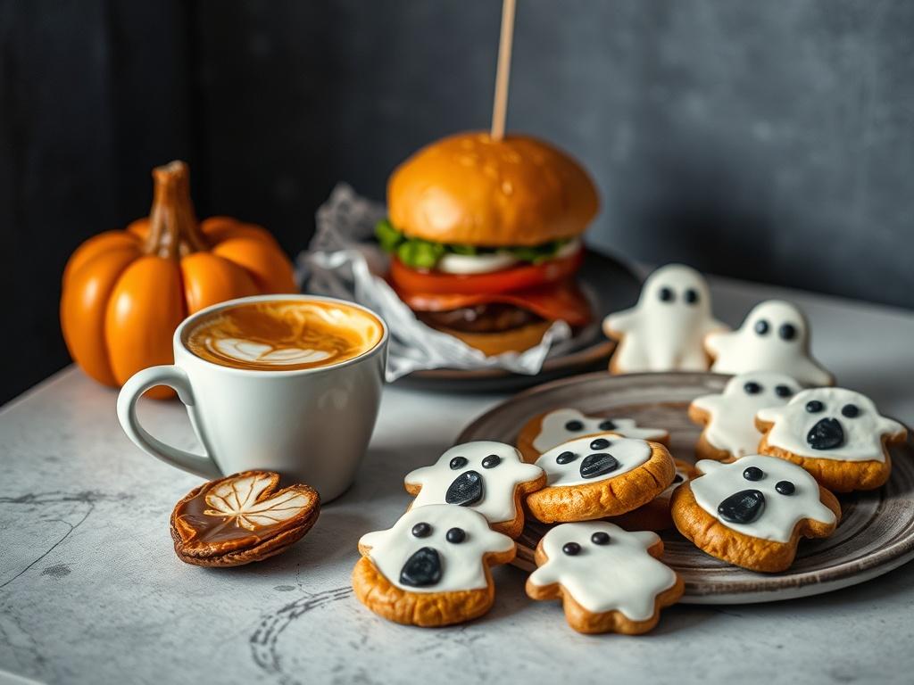 **Prompt for AI Image Generator:**

Create a realistic high-resolution photo to reflect the theme of a cozy autumn café scene. The composition should be simple and clear, featuring a single subject: a beautifully arranged table set for an inviting fall gathering. 

On the table, prominently display a steaming cup of pumpkin spice latte, adorned with delicate latte art in the shape of a leaf. Beside it, showcase a tantalizing caramel apple dessert, emphasizing its glossy caramel coating and thin apple slice 