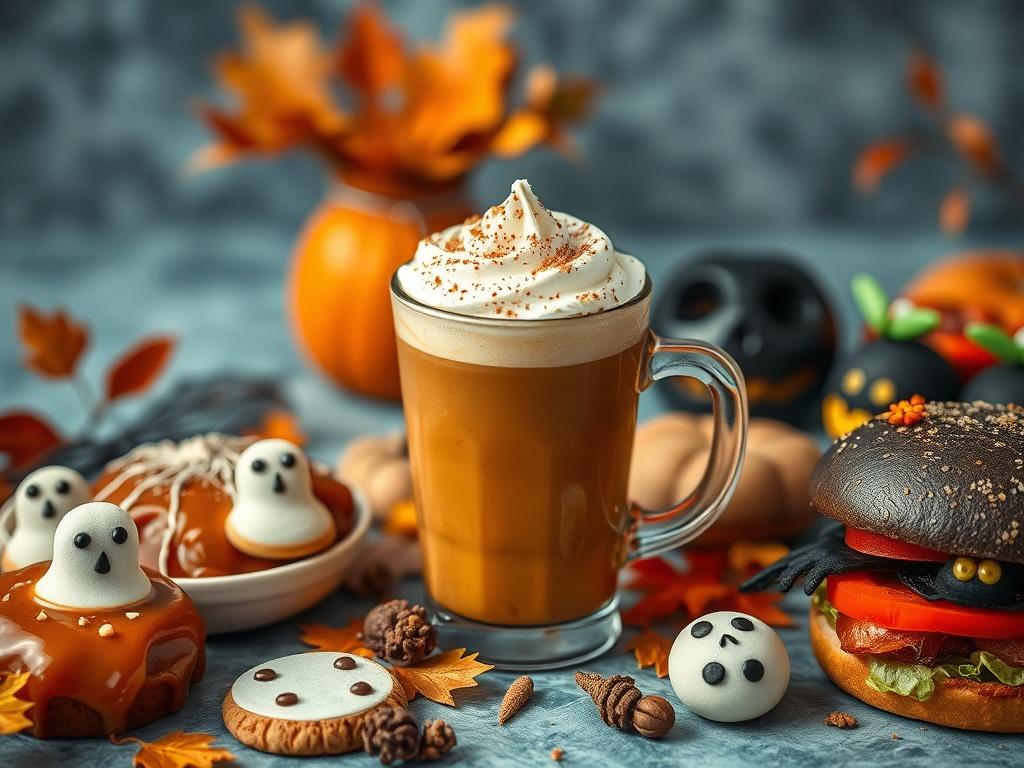 Create a realistic high-resolution image focusing solely on a beautifully arranged autumn-themed food spread. The composition should be simple and clear, featuring one primary subject in the center of the image: a perfectly crafted pumpkin spice latte topped with a dollop of whipped cream and a light dusting of cinnamon. Surround the latte with complementary seasonal treats: a caramel apple dessert with rich, glossy caramel coating and a sprinkle of crushed nuts, ghost-shaped cookies with playful decoration