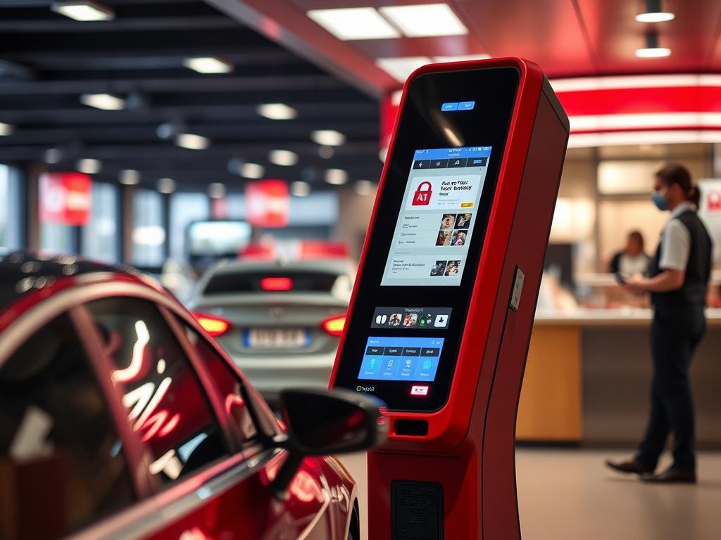 **Prompt for AI Image Generator:**

Create a realistic high-resolution photo capturing the essence of modern drive-thru operations powered by AI technology. The composition should be a close-up shot, taken with a 45mm f/1.2 lens, focusing solely on a sleek, advanced AI-driven drive-thru kiosk. The kiosk should be depicted in a bustling restaurant environment, showcasing its user-friendly interface and digital display that highlights its efficiency. Surrounding the kiosk, include a blurred background of a vi