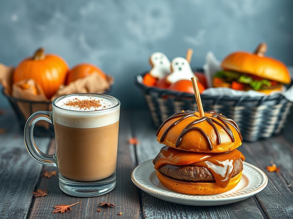 **AI Image Generation Prompt:**

Create a realistic high-resolution image that encapsulates the delightful essence of autumn-themed food items for a blog titled "Fall Flavors". The composition should be simple and clear, focusing solely on one subject: a beautifully arranged autumn dessert table. 

In the foreground, showcase a steaming pumpkin spice latte in a clear glass mug, topped with a perfect swirl of whipped cream and a sprinkle of cinnamon, invitingly placed on a rustic wooden table. Beside it, dis