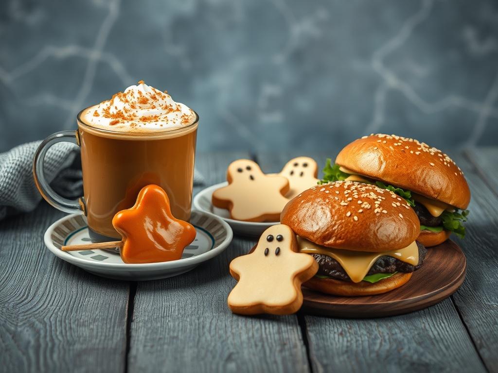 **AI Image Generation Prompt:**

Create a realistic high-resolution photo that embodies the spirit of a fall-themed restaurant blog titled "Savor the Spooktacular." The composition should be simple and clear, featuring a single subject placed centrally in the frame. 

The subject of the image is a beautifully arranged rustic wooden table adorned with an array of enticing fall treats. Include a large, steaming mug of pumpkin spice latte, topped with a generous swirl of whipped cream and a sprinkle of cinnamo
