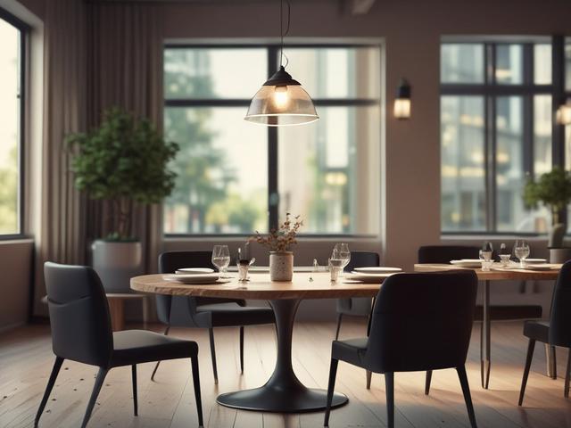 **AI Image Generation Prompt:**

Create a hyper-realistic, high-resolution close-up image focusing on a beautifully set dining table in a modern restaurant. The table should feature elegant dishware, glimmering silverware, and a small, sophisticated centerpiece—a minimalist vase with fresh flowers. Ensure the table setting conveys a warm and inviting ambiance. 

In the background, subtly include a softly illuminated bar with bottles of various spirits, highlighting the restaurant's refined atmosphere. The l