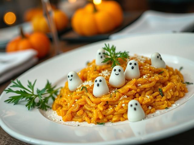 **Prompt for AI Image Generation:**

Create a realistic high-resolution photo that captures the essence of a Halloween-themed restaurant menu, reflecting the theme of "Fright-Free Ordering: How Takeorder AI Manages Halloween Season Menus." The composition should be simple and clear, featuring a single subject: an intricately designed Halloween-themed dish. 

The dish should be a vibrant pumpkin risotto, artfully plated with a sprinkle of ghost-shaped cheese and garnished with fresh herbs. Use a hyper-realis