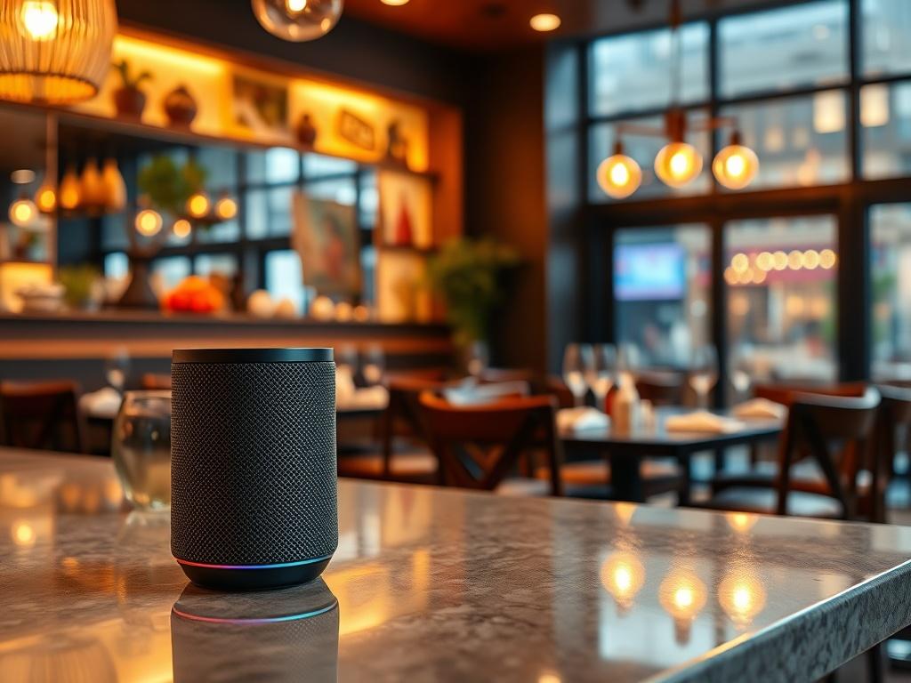 **Prompt for AI Image Generator:**

Create a realistic high-resolution photograph that illustrates the concept of voice AI resonating with diverse customers in the restaurant industry. The image should feature a single subject: a modern, sleek voice AI device (such as a smart speaker) placed prominently on a polished restaurant counter. 

The composition should be simple and clear, with the voice AI device positioned in the foreground, showcasing its modern design and user-friendly interface. The background