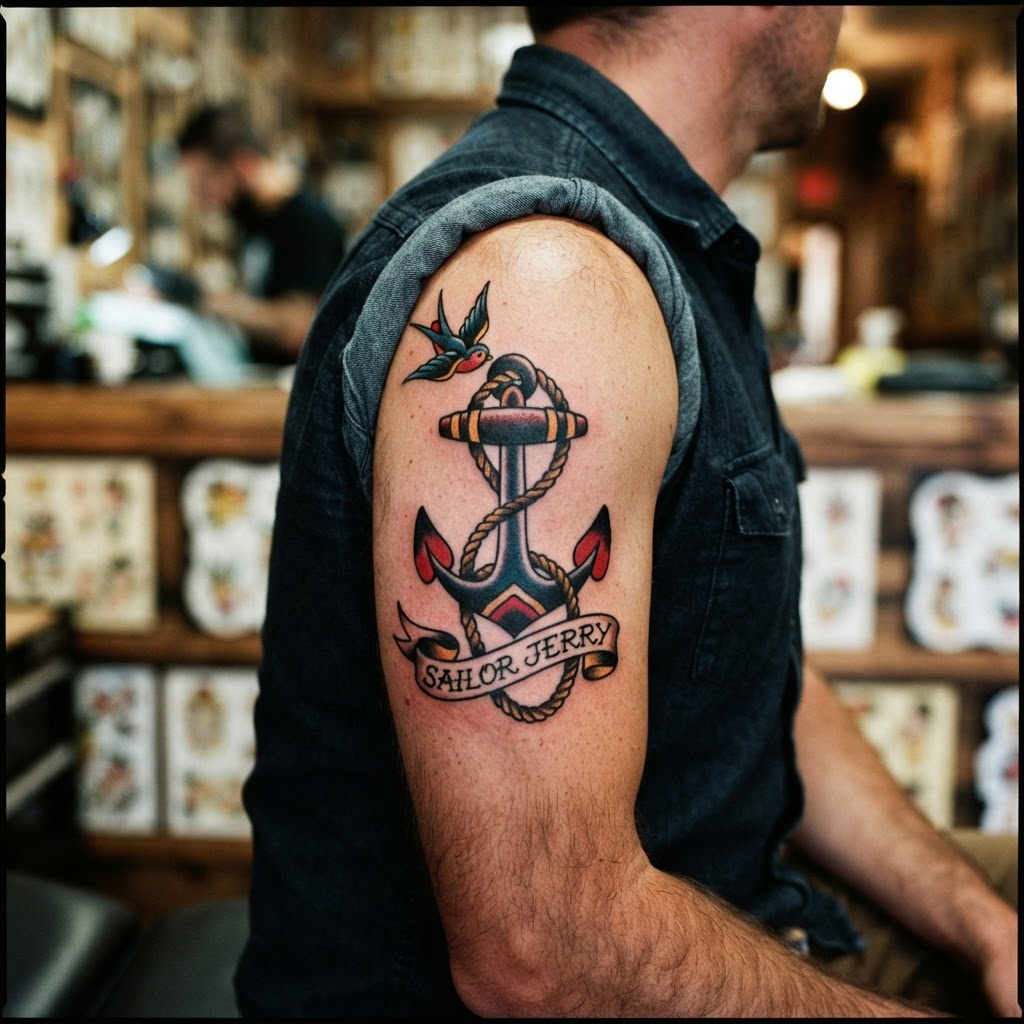 Anchor and rope traditional tattoo by Deshawn Okafor