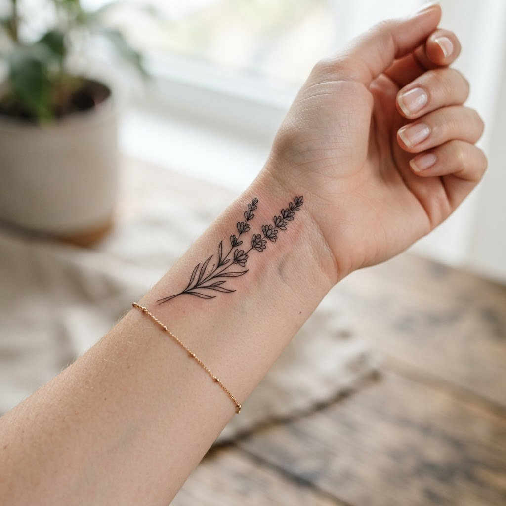 Lavender sprig single-needle tattoo by Rosa Vance