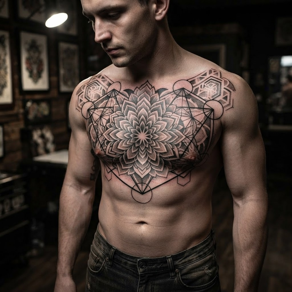 Large-scale sacred geometry chest piece by Mika Petrov