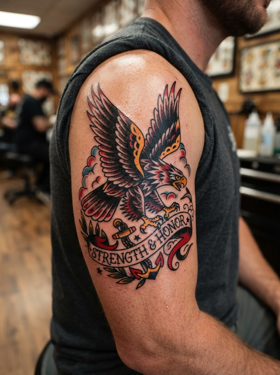 Eagle and banner traditional Americana tattoo by Deshawn Okafor