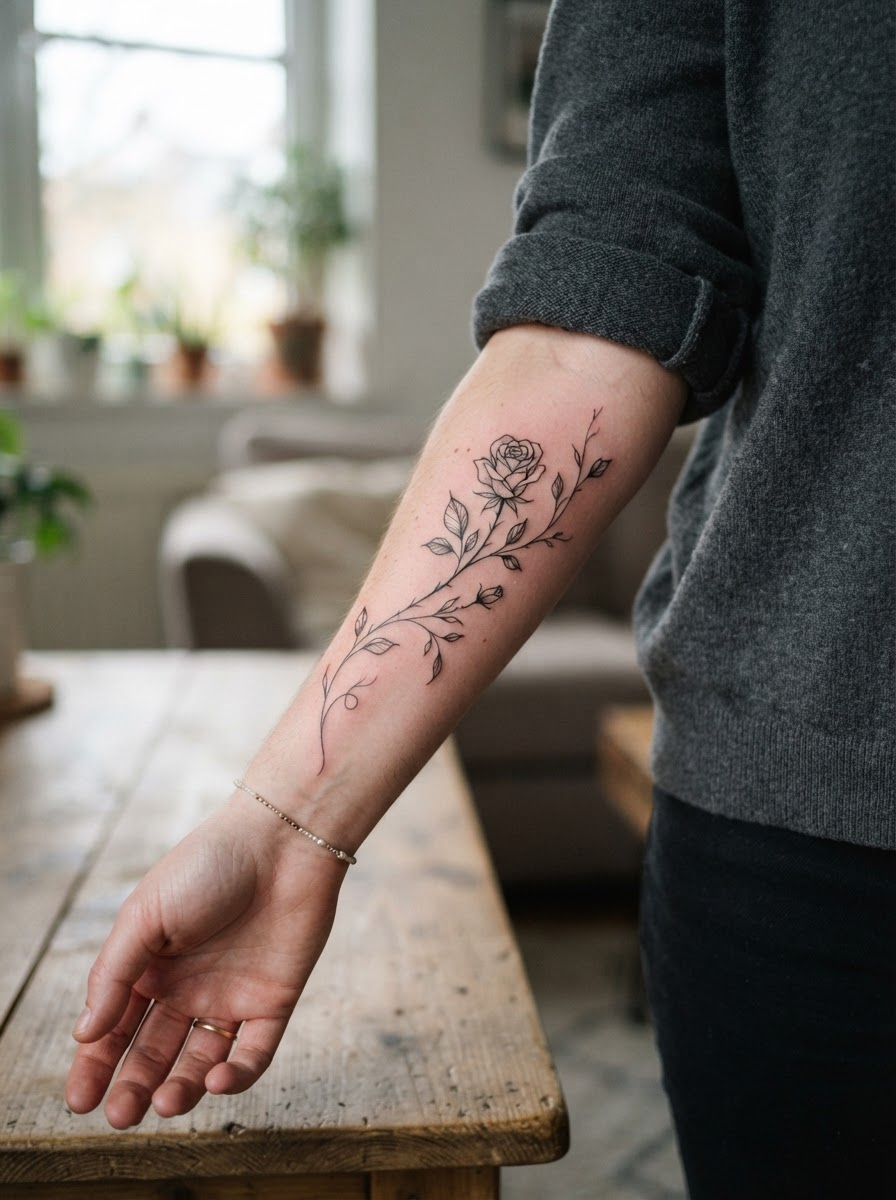 Delicate rose and vine fine-line tattoo by Rosa Vance