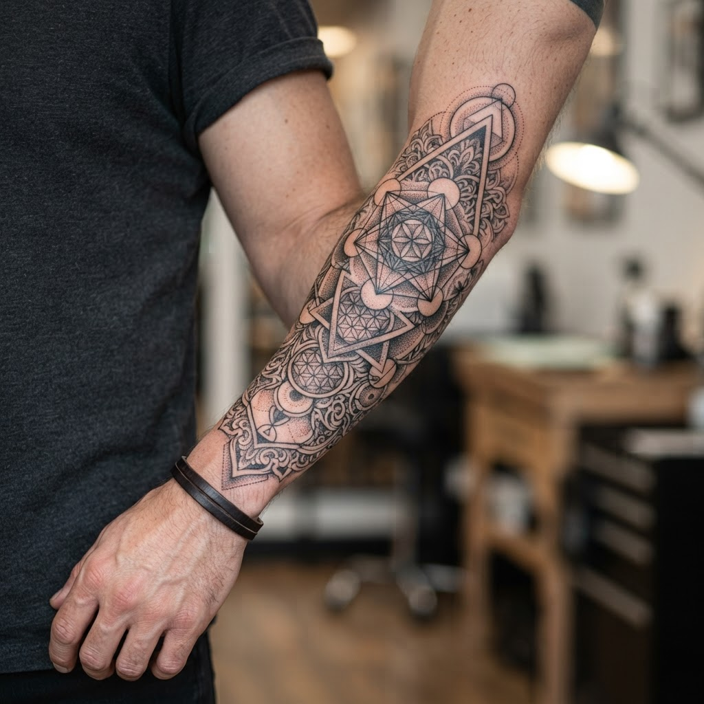 Geometric triangles and circles blackwork by Mika Petrov