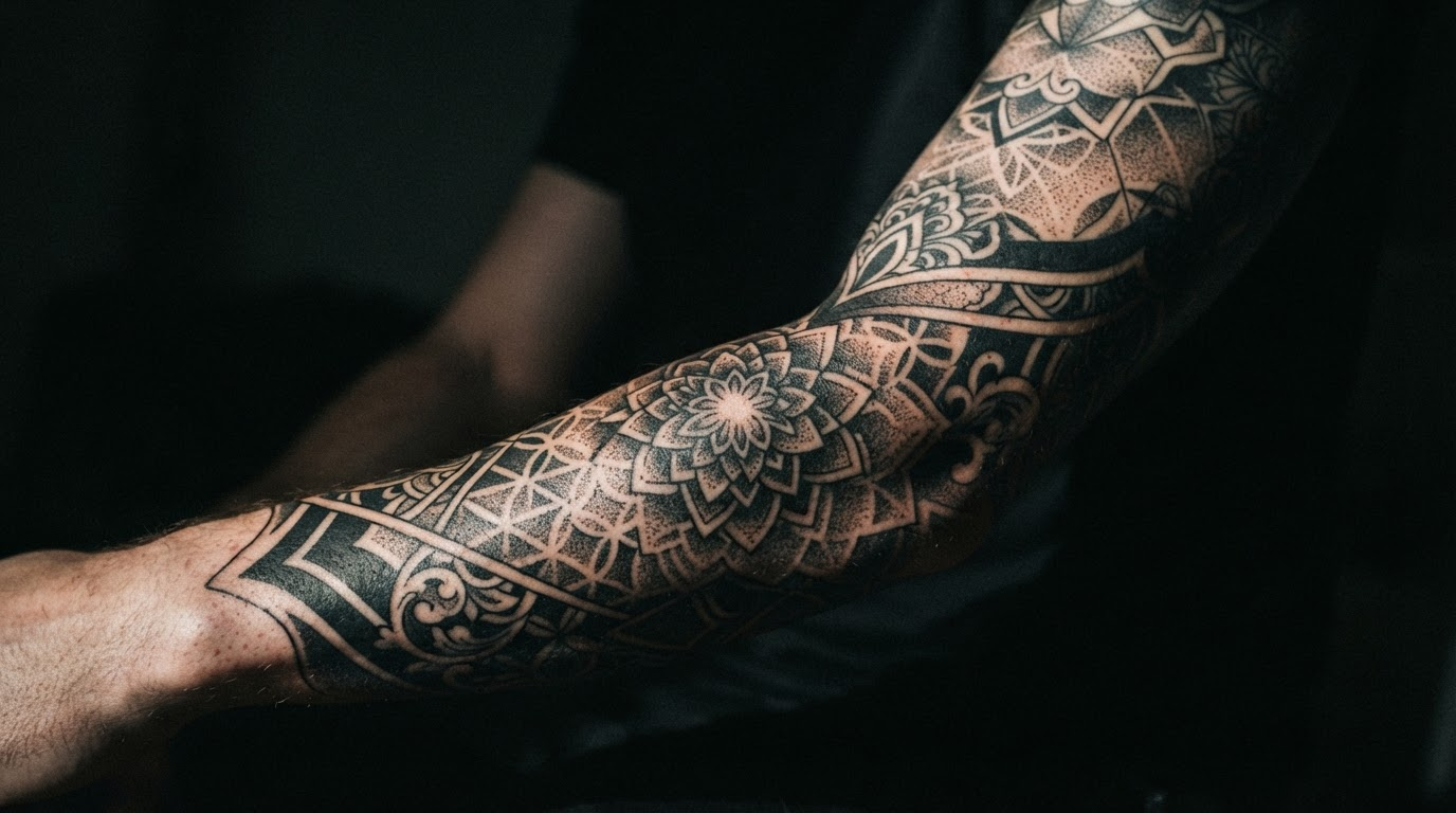 Close-up of blackwork tattoo sleeve under dramatic side-lighting