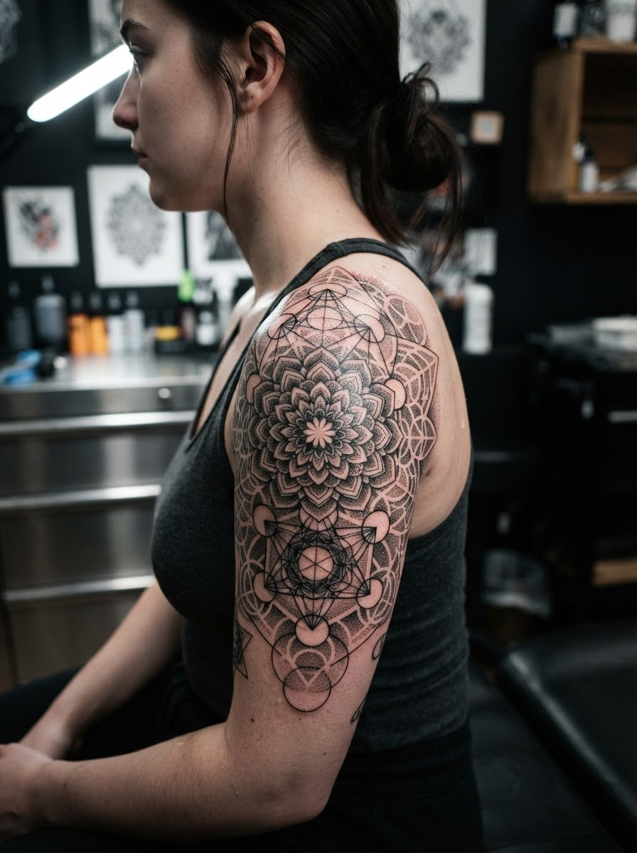 Sacred geometry mandala blackwork tattoo by Mika Petrov