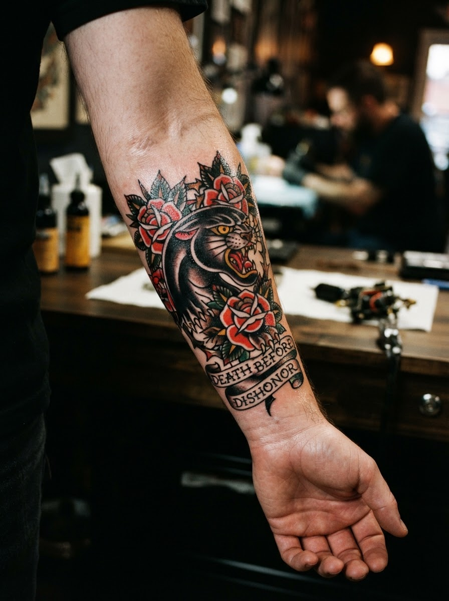 Panther and roses bold traditional tattoo by Deshawn Okafor