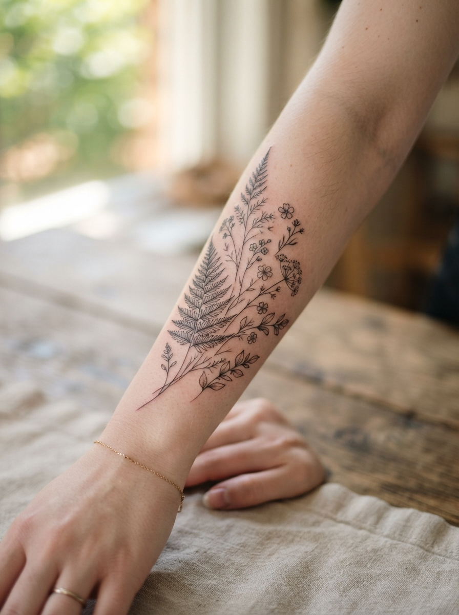 Fine-line fern and floral botanical tattoo by Rosa Vance