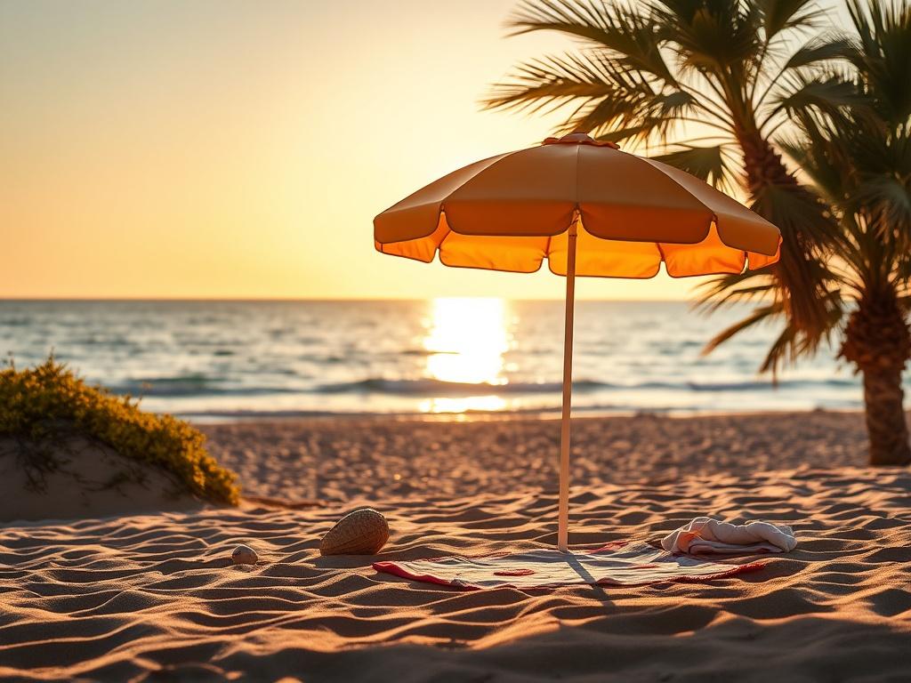 Create a realistic high-resolution photo that captures the essence of "Scoprire San Benedetto del Tronto." The composition should center on a single subject: a charming, brightly colored beach umbrella set up on the golden sands of San Benedetto del Tronto's coastline. The umbrella should be opened wide, casting a soft shadow onto the sun-kissed sand below, inviting visitors to relax and unwind.

In the background, showcase a serene view of the Adriatic Sea, gently reflecting the warm hues of a late afterno
