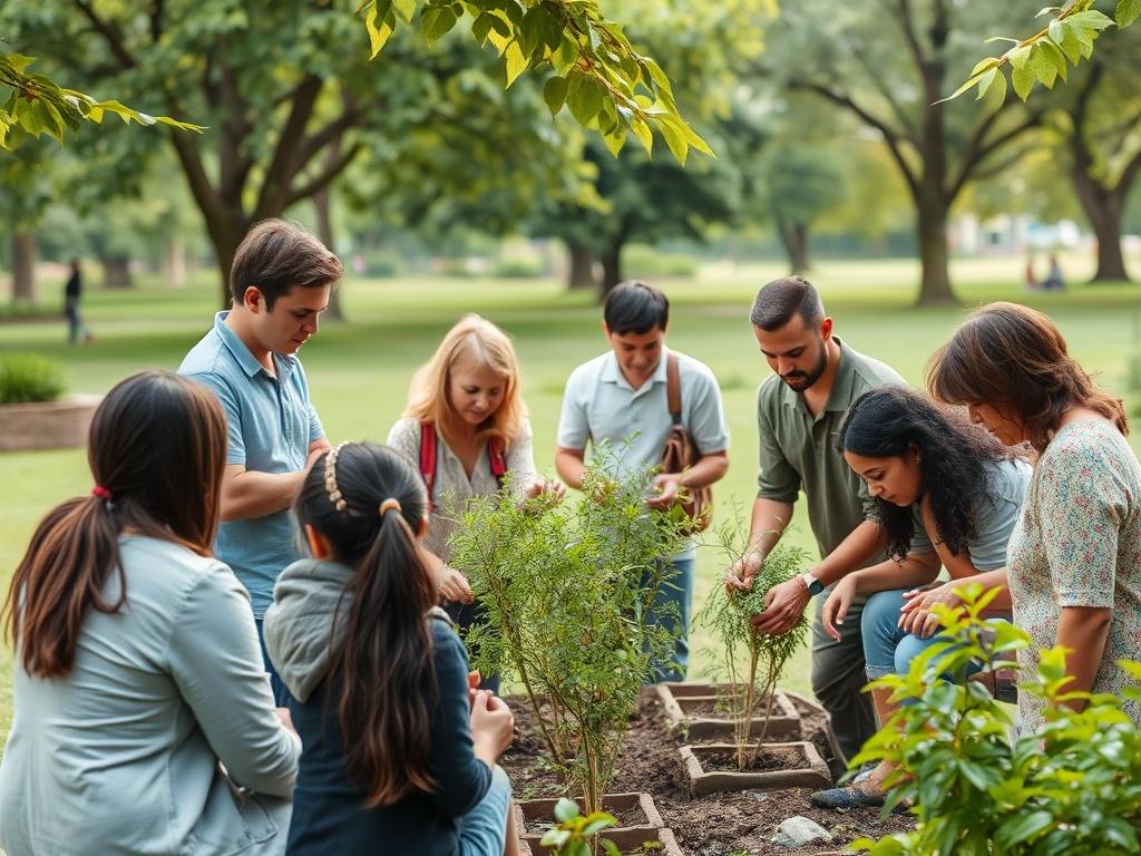 A serene community gathering scene in a park, with diverse