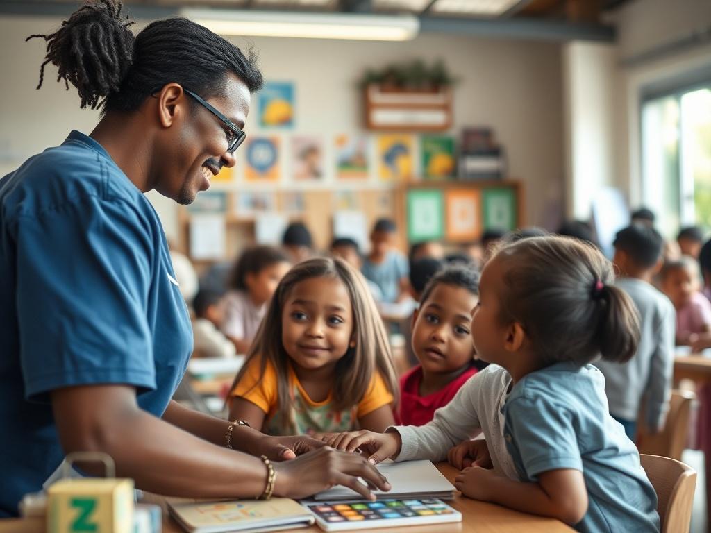 A compassionate volunteer interacting with children in a community center,