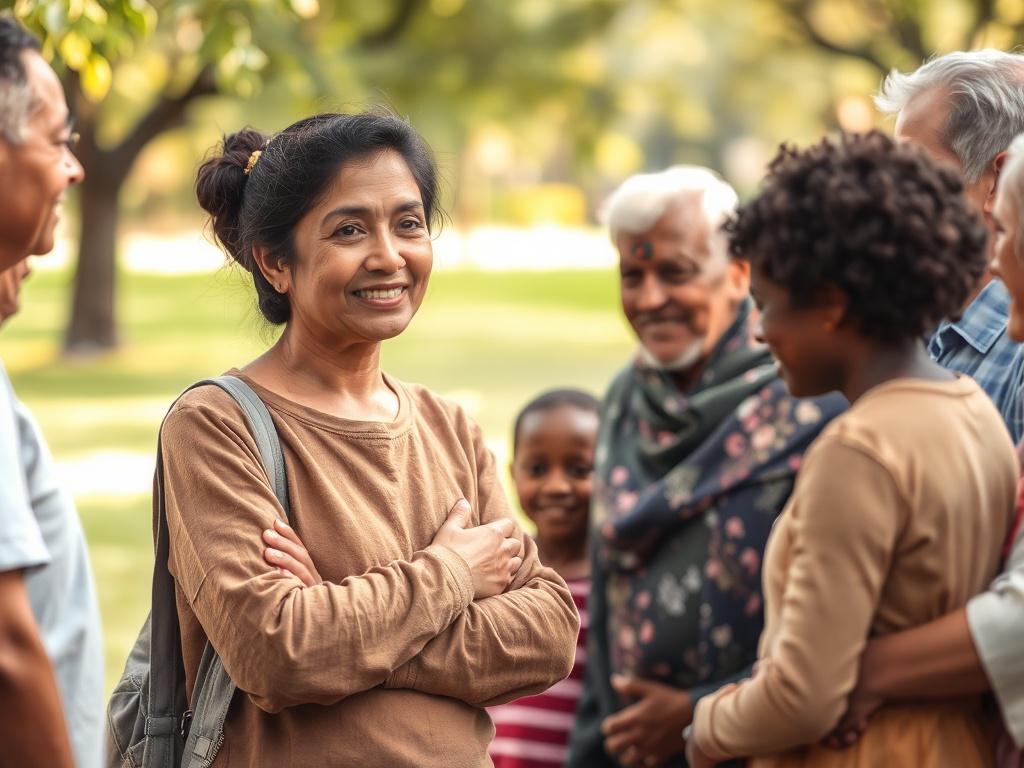 Create a realistic high-resolution photo that captures the essence of "Understanding Social Welfare Initiatives." The composition should feature a single subject: a thoughtful, compassionate community worker engaging with a diverse group of people in a supportive environment. The community worker should be a middle-aged South Asian woman, wearing casual clothing, exuding warmth and approachability.

In the background, depict a serene park setting with soft green grass and trees, symbolizing a nurturing and 