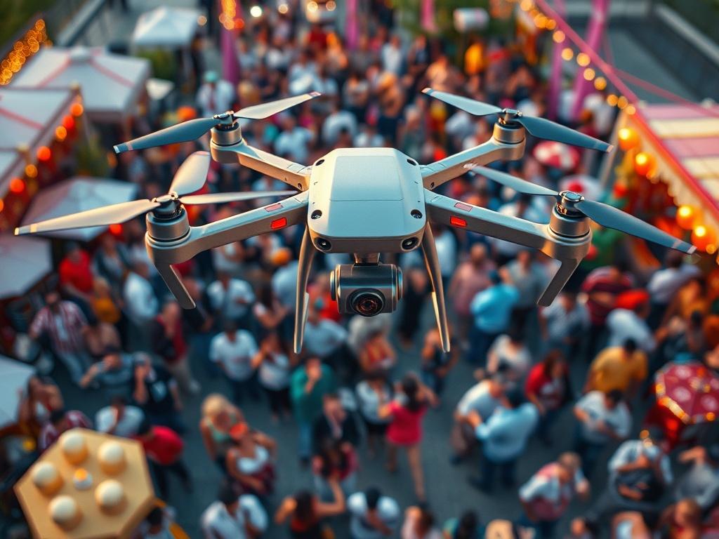 Drone capturing an outdoor event, showcasing guests enjoying the festivities with vibrant colors and lively interactions. The composition should focus on the crowd from above, with clear details of decorations and activities, conveying a festive and joyful atmosphere.