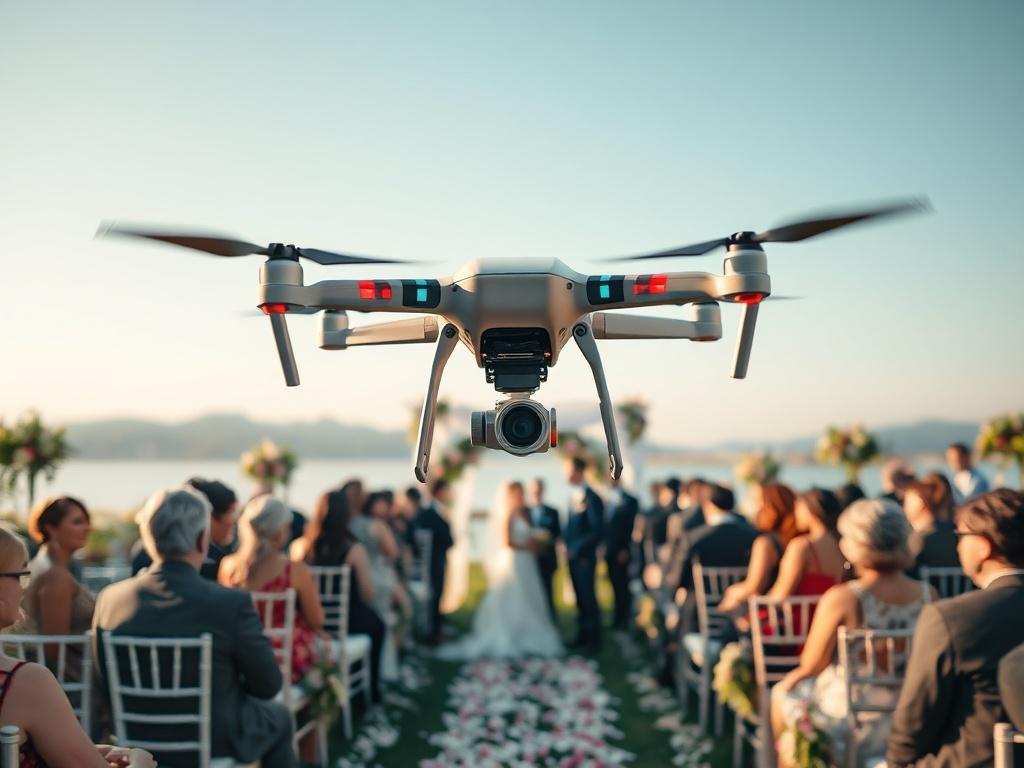 A cinematic video setup at a wedding ceremony, featuring a drone capturing the event from above. The scene should include guests in elegant attire, floral decorations, and a beautiful outdoor setting, all in high-resolution detail, showcasing the joyous atmosphere.