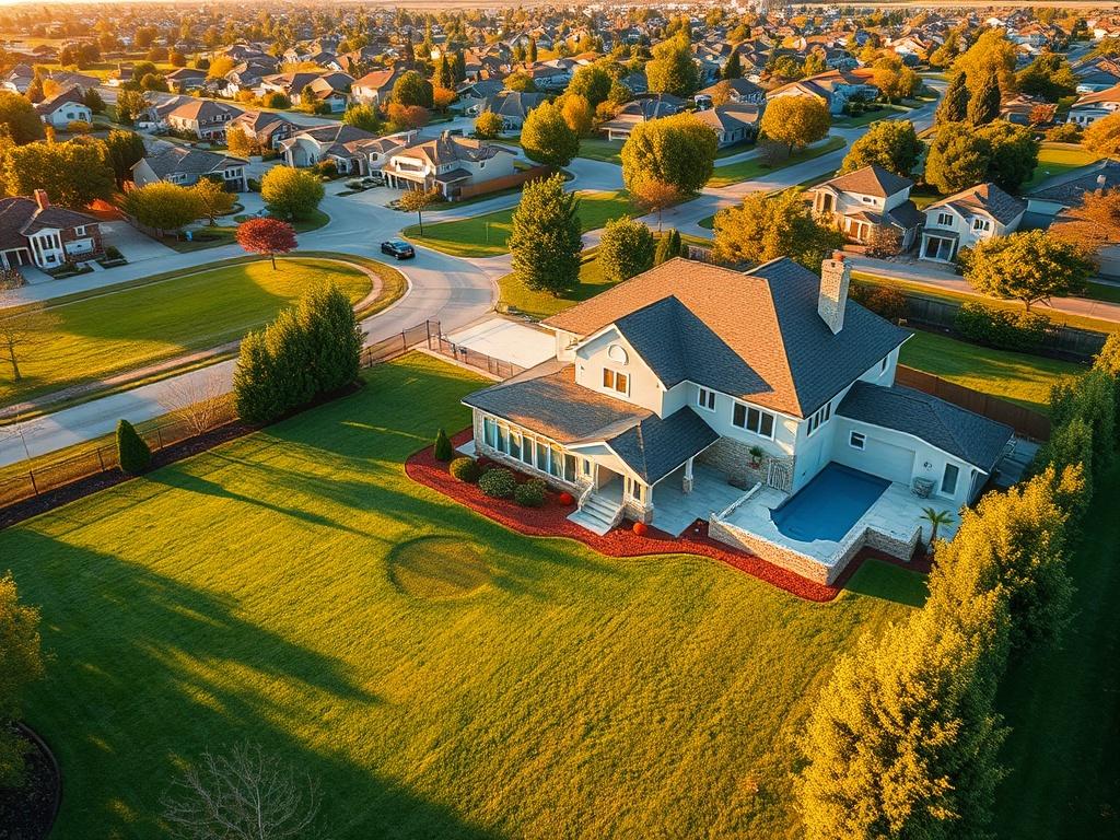 A high-resolution aerial view of a beautiful suburban property with a well-maintained lawn and a modern house, captured during golden hour. The scene should highlight the spacious backyard, nearby park, and the surrounding neighborhood. The composition should focus solely on the property, showcasing its features and landscape, with vibrant colors to emphasize the appeal of the real estate.
