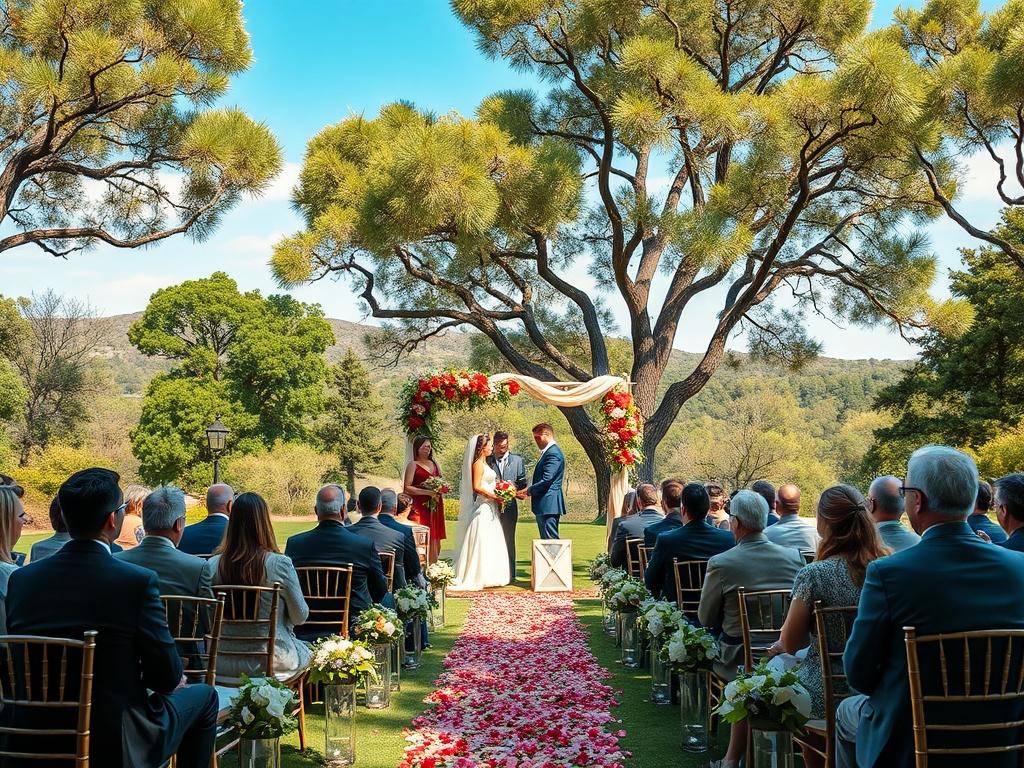 Aerial shot of a beautiful outdoor wedding ceremony, featuring guests seated in elegant arrangements. The scene captures the couple exchanging vows with a picturesque backdrop of trees and flowers. The colors are vibrant, with the bride's dress flowing and the decor reflecting the joy of the occasion. The composition should be clear and focused on the couple while showcasing the surrounding beauty of the outdoor venue.