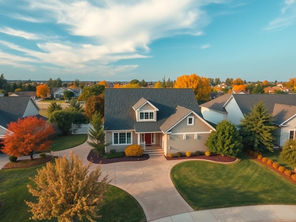 Aerial view of a beautiful suburban home, showcasing the property and surrounding landscape. The image features vibrant colors, clear skies, and clean lines, emphasizing the home's unique architecture while capturing the neighborhood's charm. The focus is on one house, with trees and a well-maintained yard in the background. The overall composition is minimalistic yet detailed, highlighting the essence of real estate photography.