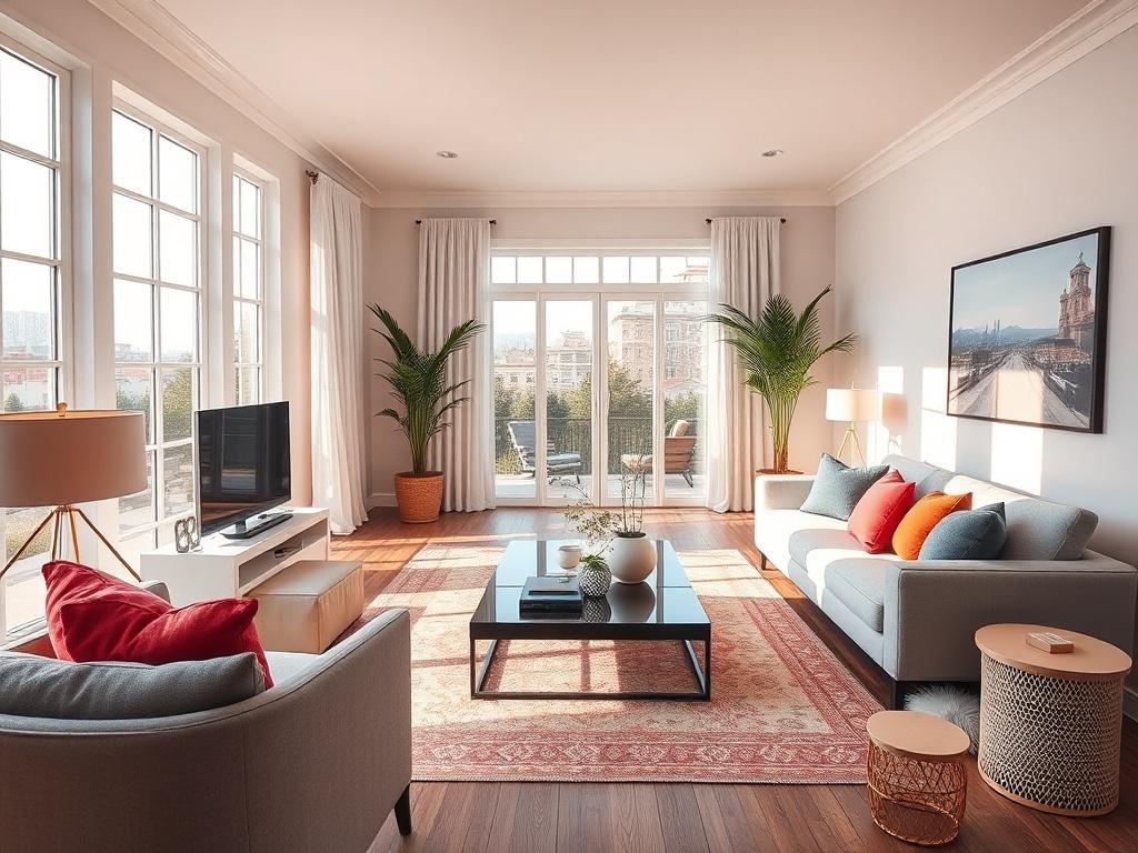 A high resolution image depicting a beautifully staged living room