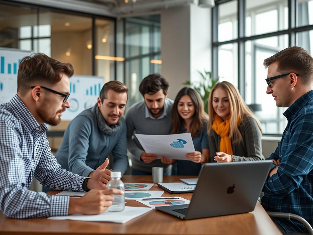 A digital marketing team brainstorming in a modern office, surrounded