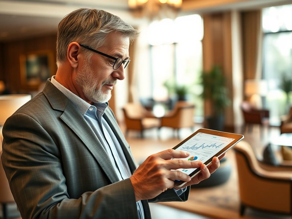 Create a realistic high-resolution photo that embodies the theme of "Strategie di Marketing per Hotel." The composition should feature a single subject: a professional hotel manager reviewing marketing strategies on a digital tablet. The hotel manager should be a middle-aged individual, dressed in business casual attire, with a focused expression as they analyze data and graphs on the screen. 

The background should be a soft-focus hotel lobby with elegant furnishings, showcasing a welcoming and upscale env
