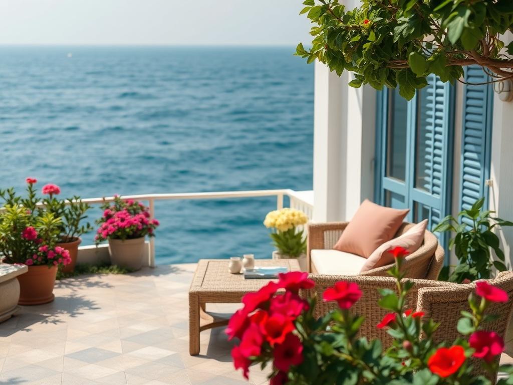 A hyper-realistic image of a serene Mediterranean hotel setting, featuring a beautiful view of the sea with gentle waves, a well-maintained garden with vibrant flowers, and a cozy seating area that invites relaxation. The composition should be simple and clear, emphasizing the tranquility and beauty of the location.