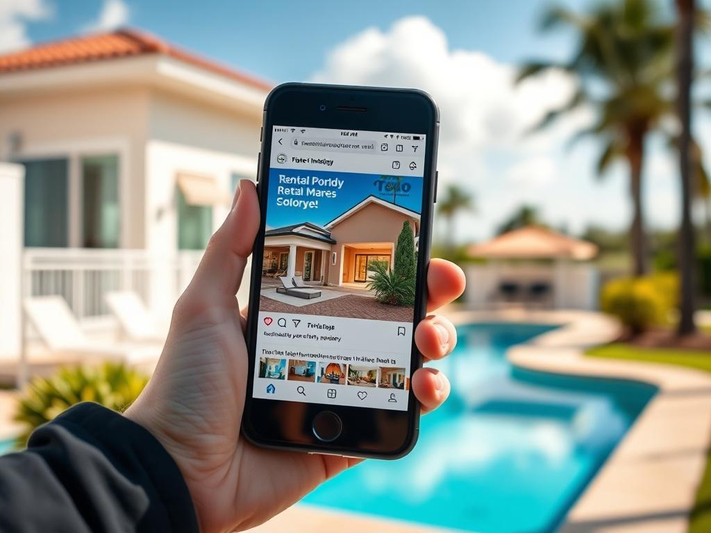 A hyper-realistic close-up of a social media post on a smartphone screen showcasing a rental property with eye-catching images and engaging text, set against a vibrant outdoor backdrop that reflects the Florida sunshine, captured with a 45mm f/1.2 lens.