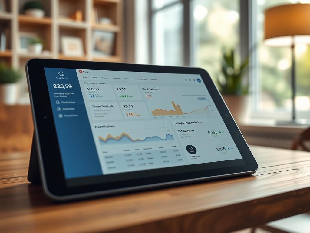 A high-resolution close-up of a property management dashboard displayed on a tablet, featuring analytics, tenant feedback, and maintenance notifications, all set against a warm and inviting home office backdrop, captured with a 45mm f/1.2 lens.