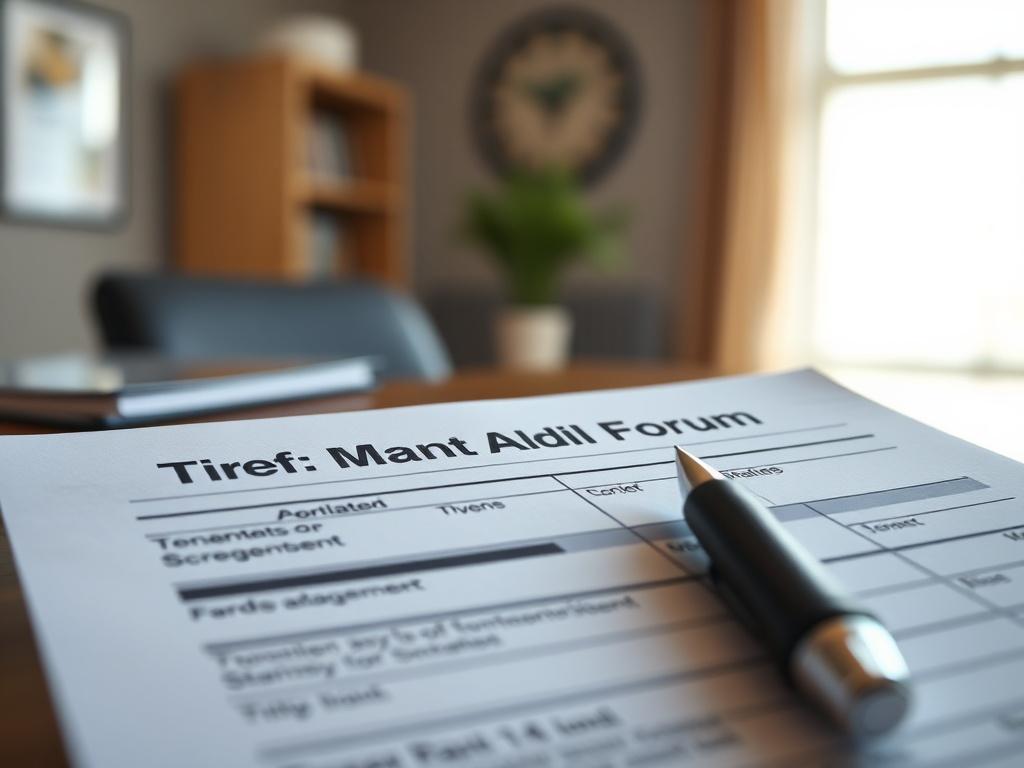 A close-up shot of a tenant application form with a pen resting on it. The background should show a blurred image of a property management office, creating an atmosphere of professionalism. The image should have a realistic high-resolution quality, shot with a 45mm f/1.2 lens style, highlighting the importance of the tenant screening process.