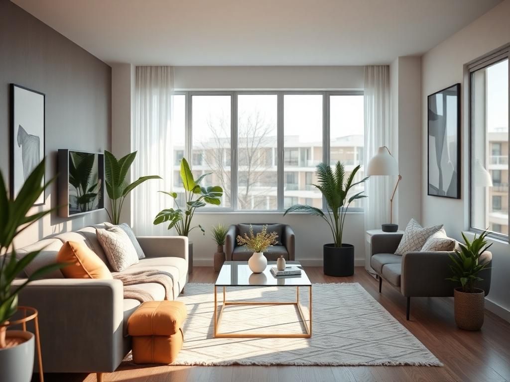 A hyper-realistic close-up shot of a modern rental apartment interior, featuring a stylish living room with elegant furniture, soft natural lighting coming through large windows, and decorative plants. The composition should focus solely on the living area, highlighting the cozy atmosphere. The background should be softly blurred to emphasize the details of the furniture and decor. The image should evoke a sense of warmth and comfort, suitable for showcasing rental properties, and should use the primary col