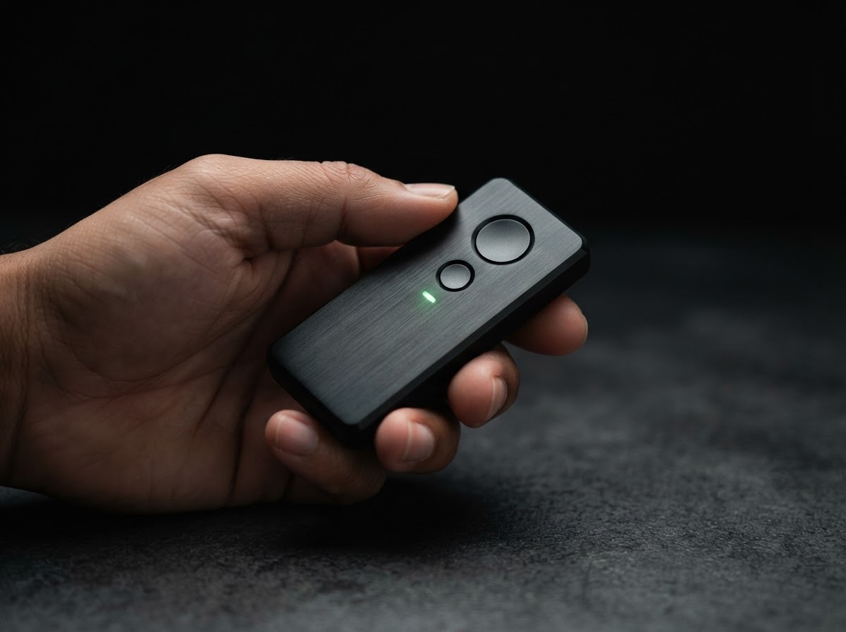 Dark editorial view of a Ledger-style hardware wallet relevant to set up security