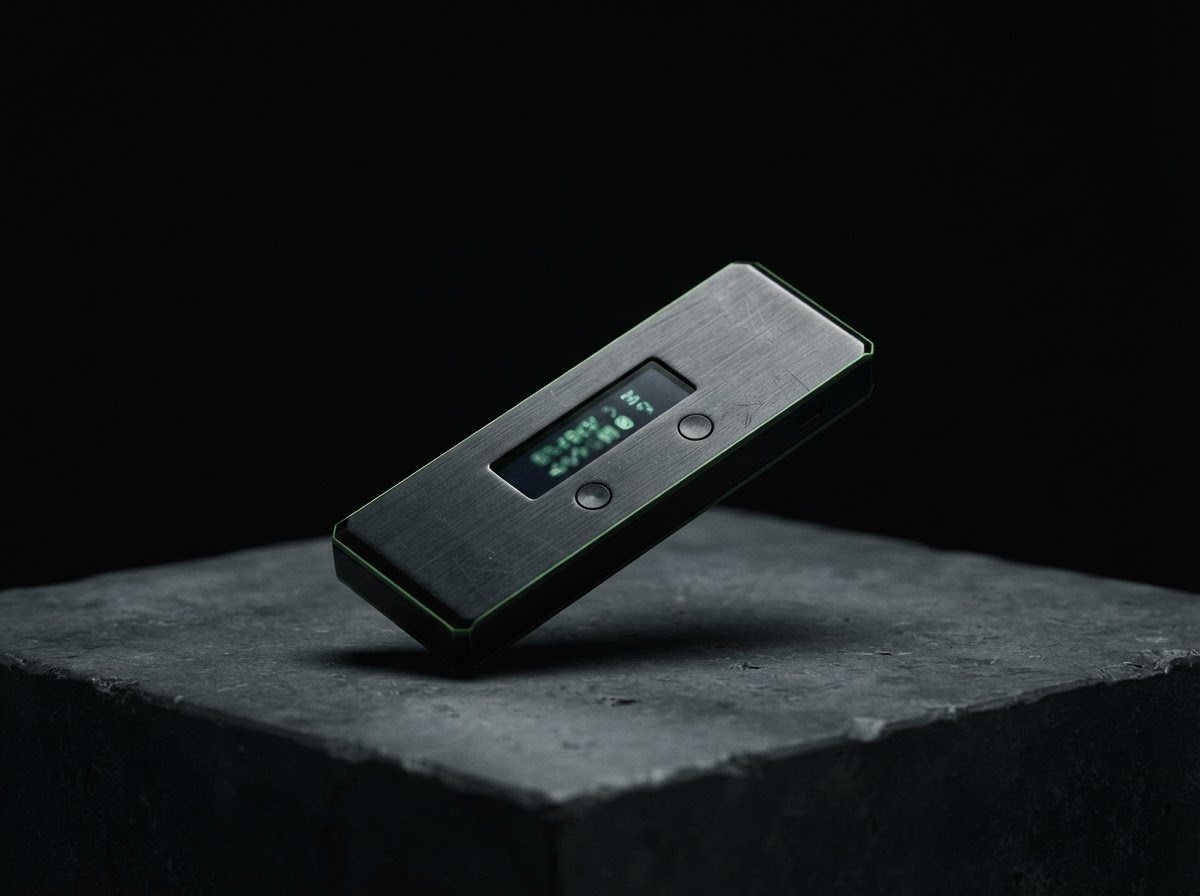 Black Ledger-style hardware wallet photographed on a graphite surface with green edge lighting