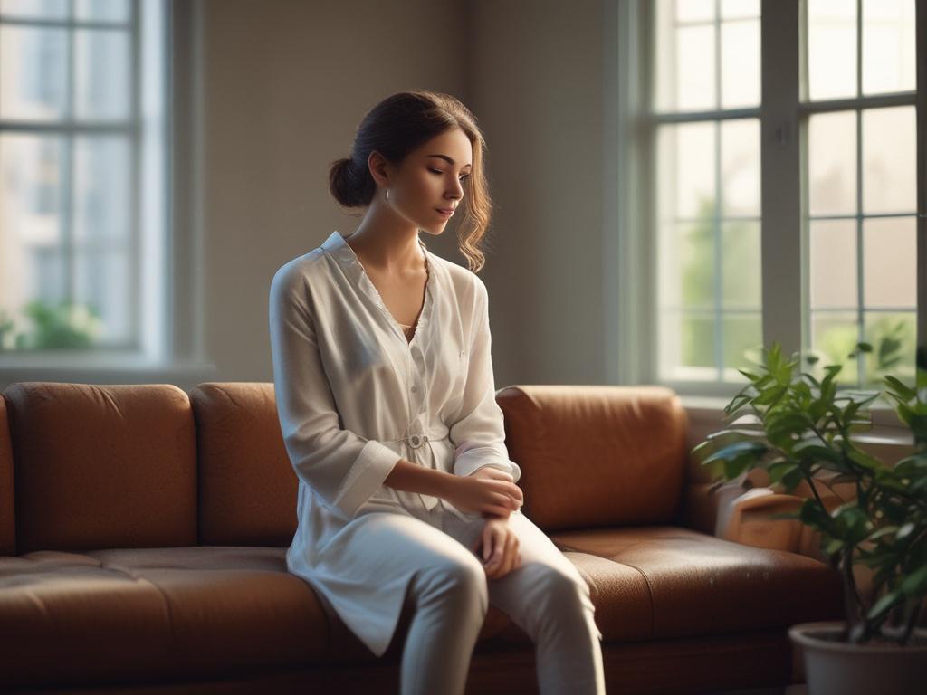 **AI Image Generation Prompt:**

Create a realistic high-resolution photograph featuring a serene and contemplative individual sitting peacefully in a softly lit indoor setting. The subject is a woman in her early thirties, reflecting a calm demeanor, with a gentle smile that conveys a sense of relief and hope. She sits cross-legged on a cozy, light-colored yoga mat, with her hands resting peacefully on her knees, palms facing up in a gesture of openness to healing.

The background should be softly blurred 