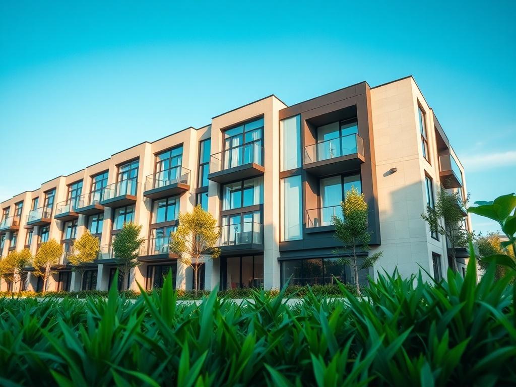 A realistic high-resolution photo of a modern apartment complex, showcasing a sleek and stylish exterior design. The image should feature lush green landscaping in the foreground and a clear blue sky in the background. The composition should focus on the entrance of the building, highlighting large glass windows and contemporary architecture. The shot should be taken with a 45mm f/1.2 lens for a hyper-realistic effect, ensuring vibrant colors that align with the primary color rgb(251, 203, 7).