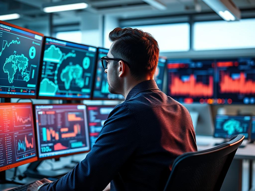 A close-up shot of a skilled IT professional working on a computer setup with multiple screens displaying network security graphics. The background is a modern office environment with soft lighting, emphasizing professionalism and technology. The focus should be sharp on the professional and the screens, showcasing high-resolution detail. The overall color scheme should harmonize with the primary color rgb(50, 170, 39), creating a vibrant yet serious atmosphere.