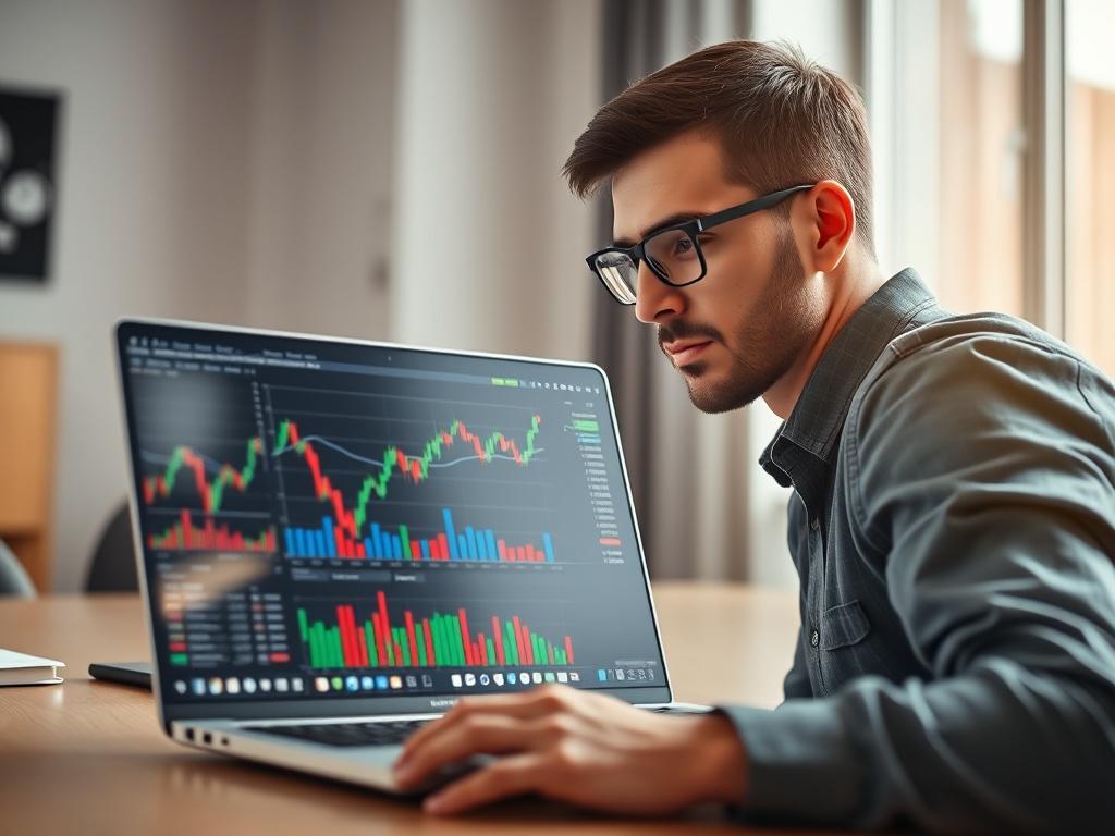 A hyper-realistic close-up shot of a person analyzing cryptocurrency charts on a modern laptop. The person is focused, with a thoughtful expression, surrounded by a minimalist office environment. The background features soft natural light coming from a window, enhancing the vibrant colors of the charts displayed on the laptop screen. The scene conveys professionalism and expertise in cryptocurrency investment.