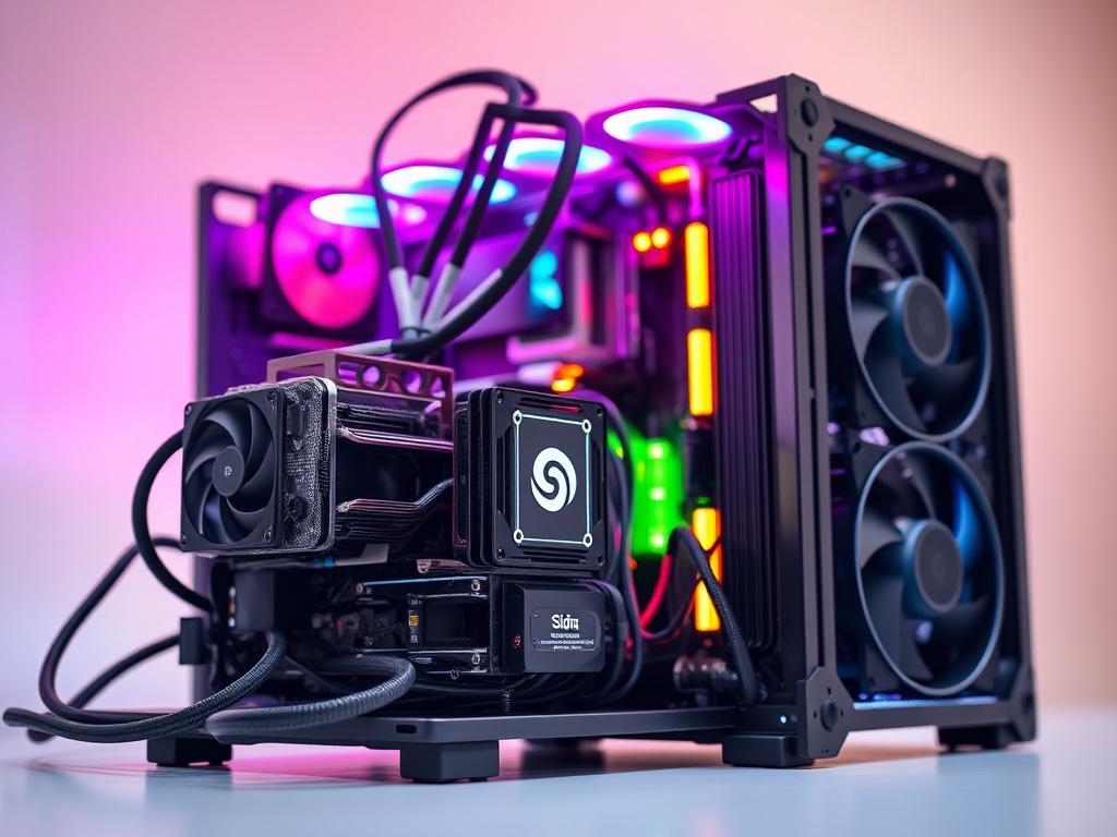 A hyper-realistic close-up shot of a mining rig dedicated to Halal cryptocurrency mining, specifically Sidra. The rig should be shown in a well-lit environment, highlighting its advanced technology and intricate components. The background should be simple and clean, focusing on the mining rig with a soft blur. The image should convey a sense of modernity and ethics in technology, with the primary color rgb(50, 170, 39) subtly integrated into the lighting or rig design.