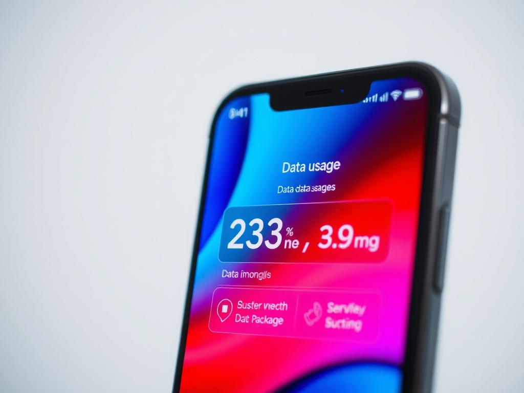 A close-up shot of a modern smartphone displaying a vibrant data usage interface, symbolizing connectivity and data packages. The smartphone is set against a clean, minimalistic background with soft focus, emphasizing the phone's screen. The image should capture the essence of technology and communication, with a hyper-realistic style, shot with a 45mm f/1.2 lens. The primary color theme should incorporate rgb(50, 170, 39) to convey innovation and freshness.