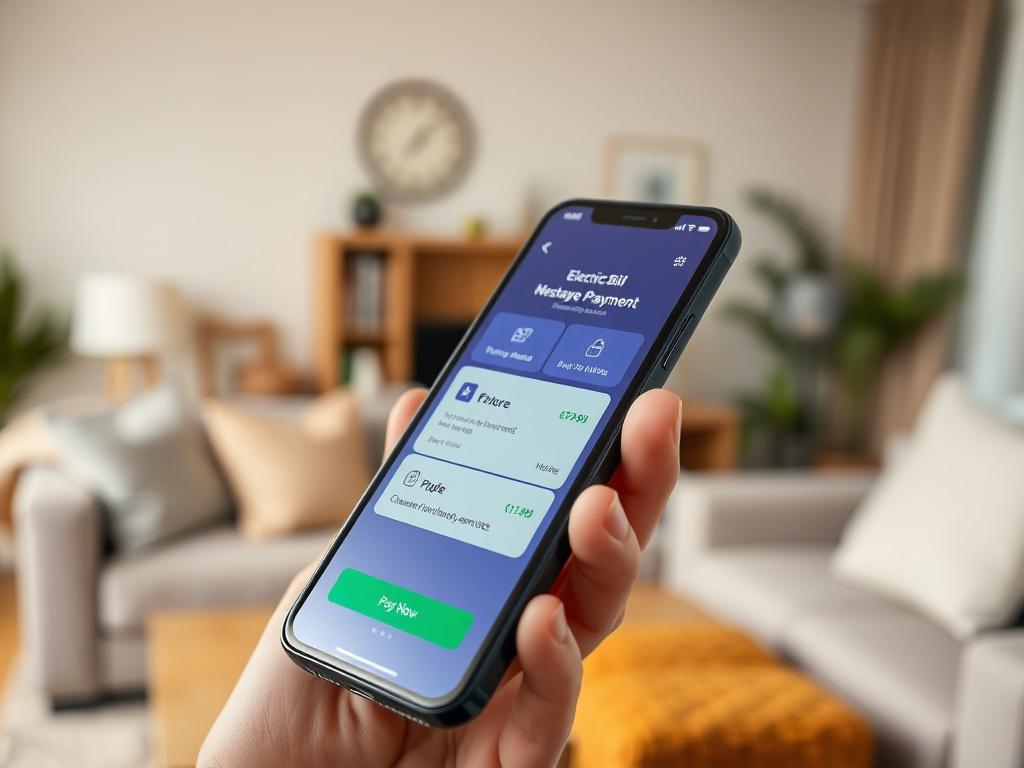 A close-up shot of a modern smartphone displaying an electric bill payment app interface. The screen shows a clear and organized layout with icons representing payment options and a visible 'Pay Now' button. The background is a soft, blurred interior of a cozy living room to convey a sense of comfort and modern technology. The image should be vibrant and in high resolution, using the rgb(50, 170, 39) color for accents.