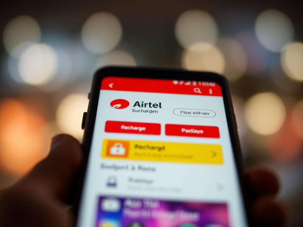 A close-up shot of a smartphone displaying the Airtel app interface, featuring options for recharge and subscriptions. The focus is on the screen, showcasing vibrant colors and clear buttons. The background is blurred to emphasize the phone, with a soft bokeh effect that complements the primary color rgb(50, 170, 39), creating a modern and tech-savvy atmosphere.