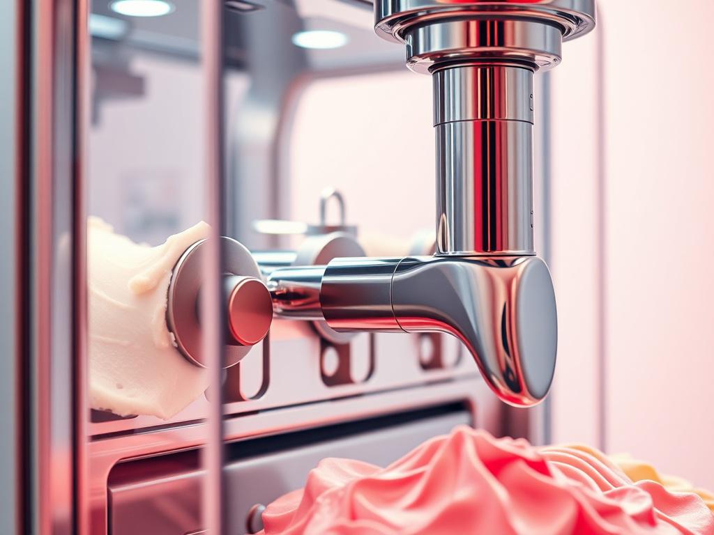 A hyper-realistic close-up of a modern gelato ice-cream production machine, showcasing intricate details of the machine's design and functionality. The background should be simple and clean, emphasizing the machine itself, with a vibrant color palette that complements the rgb(40, 93, 225) primary color.