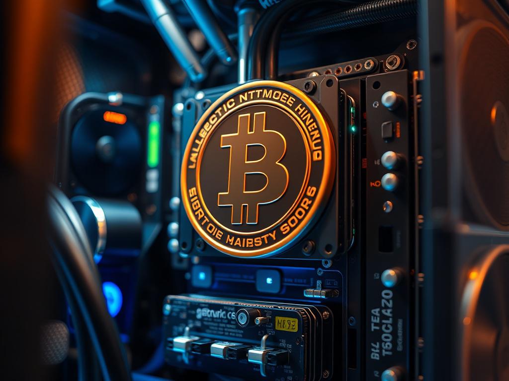 A hyper-realistic close-up of a halal coin mining rig, showcasing its intricate components and high-tech features. The background should be minimalistic, allowing the machine to stand out prominently, with a color scheme that harmonizes with rgb(40, 93, 225).
