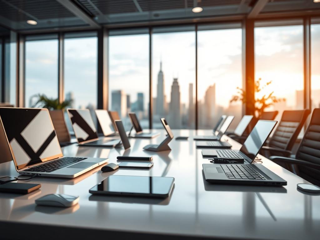 A close up shot of a modern office workspace featuring