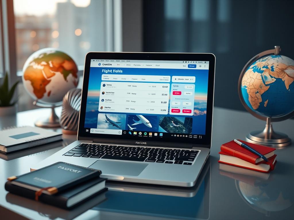 A high-resolution close-up shot of a laptop with a flight booking website open, displaying various flight options. The scene is set on a modern desk with travel essentials like a passport, a globe, and a notebook. The background is softly blurred to keep focus on the laptop screen. The overall color scheme incorporates the primary color rgb(50, 170, 39), creating a vibrant and inviting atmosphere.
