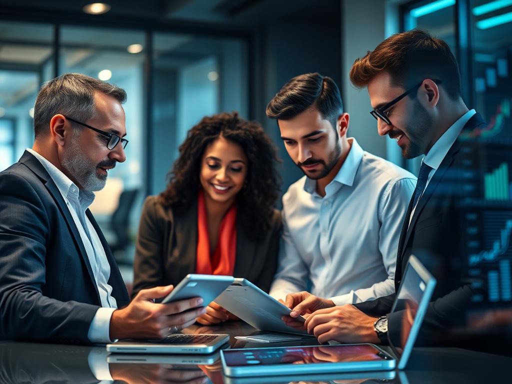 A hyper-realistic close-up shot of a professional team collaborating on advanced technology in an office setting. The focus is on a diverse group of individuals engaged in a discussion over digital devices, showcasing elements of blockchain technology and cryptocurrency charts on screens. The background is softly blurred to emphasize the team and their innovative work environment, created with an rgb(40, 93, 225) lighting effect.